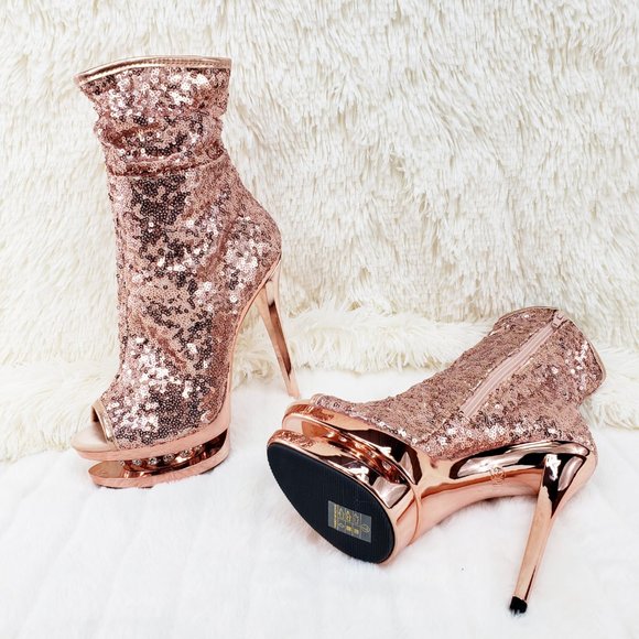 Blondie 1008 Rose Gold Sequin Slouch Shaft Platform Ankle Boots - Picture 6 of 14
